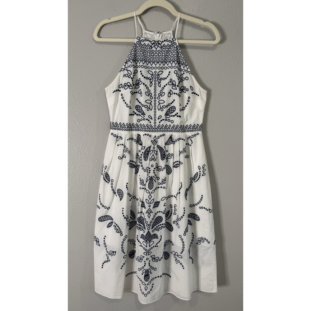 Parker 100% Cotton Embroidered Halter Sundress‎ White Blue Resort Dress Sz S